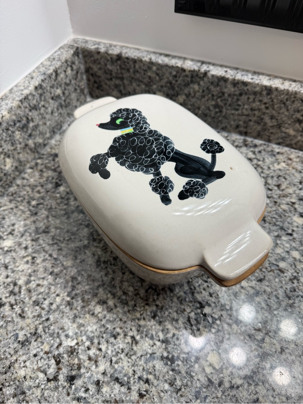 MCM Vintage Glidden Pottery stoneware casserole and lid #163 “Chi-Chi Poodle”